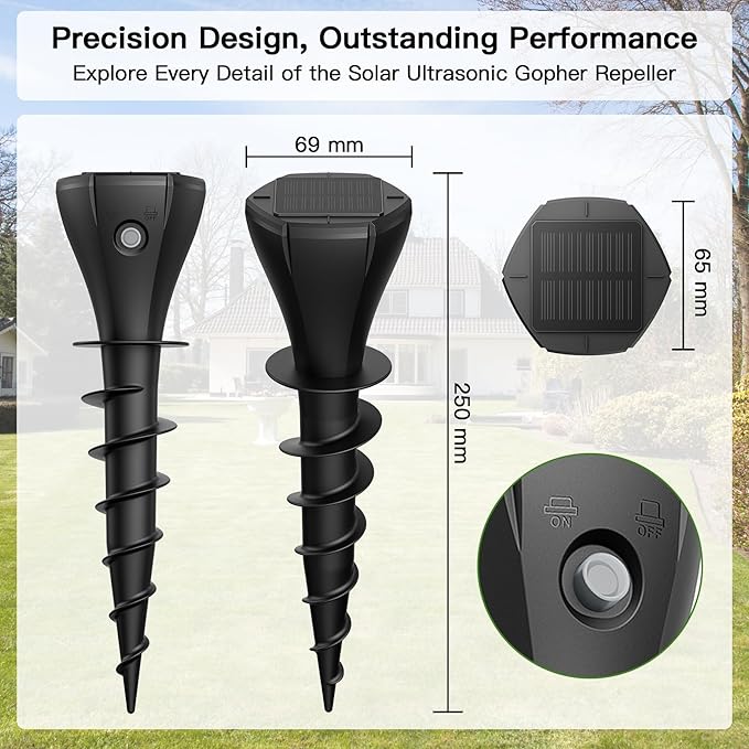 8 Pack Mole Repellent Solar Powered, Snake Vole Repellent Outdoor, IP65 Waterproof Snake Deterrent Gopher, Waterproof Sonic Mole Spikes for Lawn and Garden, Get Rid of Moles, Groundhogs, and Rodents
