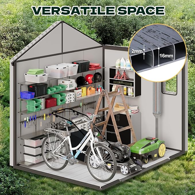 MELLCOM 8 x 6 FT Resin Storage Shed with Floor, Outdoor Garden Tool Shed with Windows and Lockable Door for Patio, Lawnmower, Pool Supply, Bike