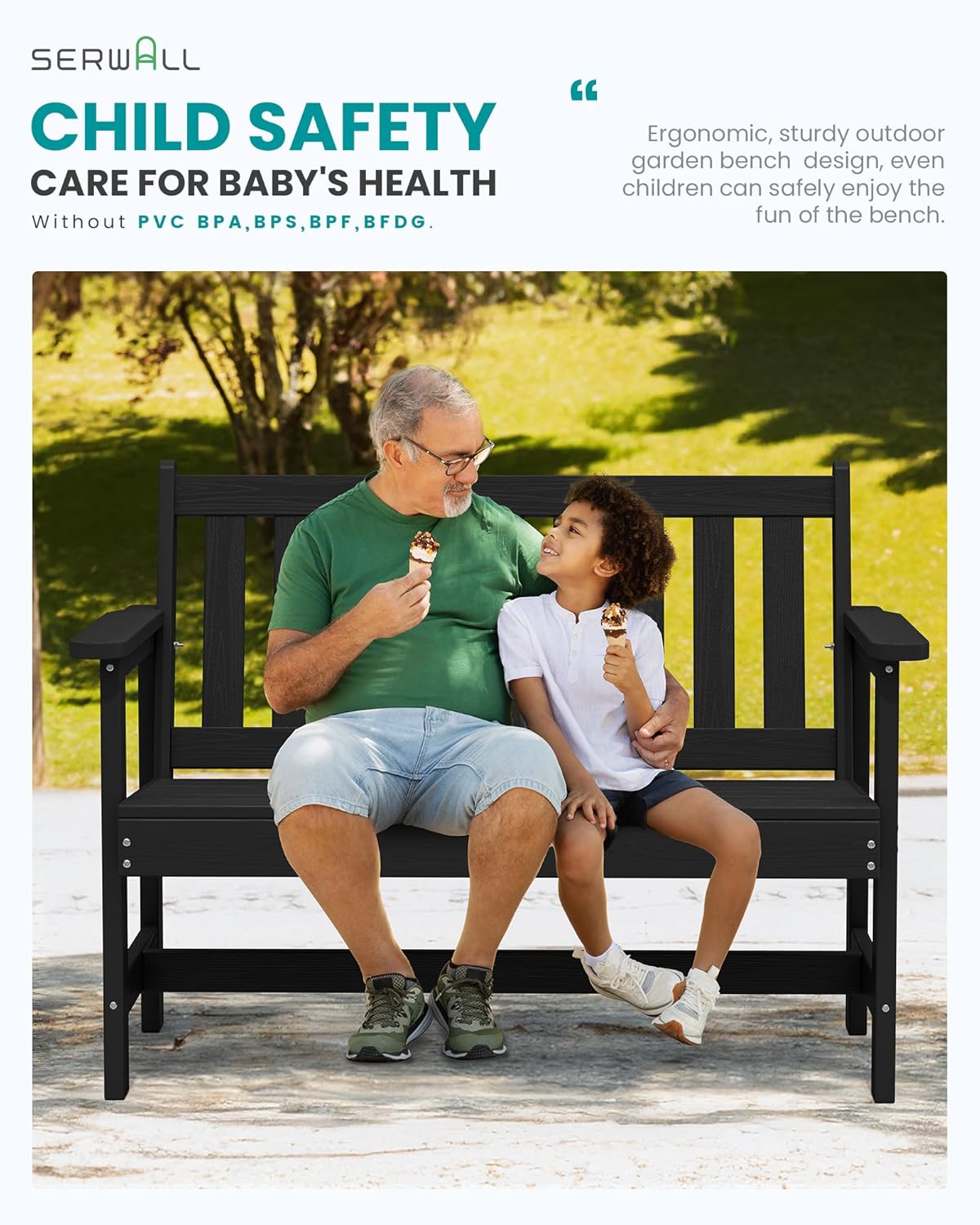 SERWALL Outdoor Bench, HDPE Outdoor Benches Weatherproof, 2-Person Garden Bench with 660 lbs Weight Capacity, Patio Benches for Outdoors, Garden, Porch, Backyard and Park, Black, 2 Pack