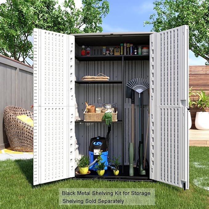 KINYING Outdoor Storage Shed Waterproof, Resin Vertical Storage Cabinet Double-Layered, Versatile to Store Patio Furniture, Garden Tools, Pool Accessories,Mower (66 Cu.ft,White)