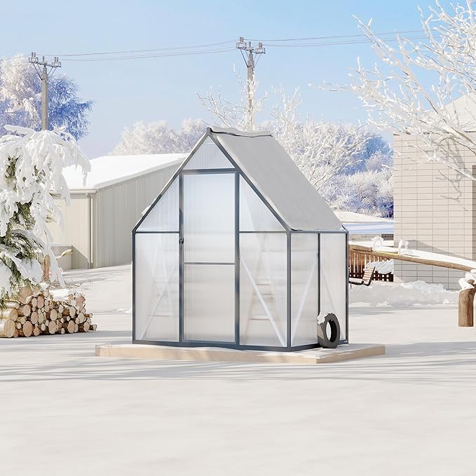 Aluminum Polycarbonate Greenhouse for Outdoors, Large Walk-InGreenhouse With Quick Setup Structure and Roof Vent, Greenhouse With Ventilation