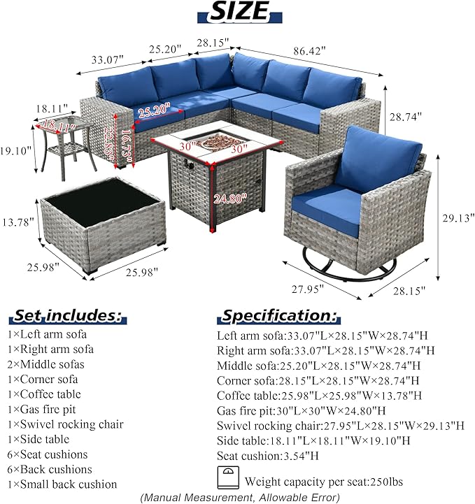 HOOOWOOO 9 Piece Modular Patio Outdoor Sectional Furniture Set with Gas Propane Fire Pit Table,Wicker Conversation Sofa Set with Swivel Chairs,Outside Couch Set(Navy Blue)