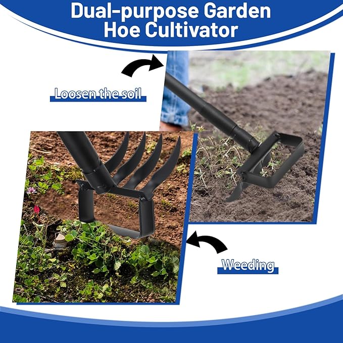 Garden Hoe Stirrup Hoe Weeding Tools, 2-in-1 Garden Hoe for Weeding with 62.6" Adjustable Handle, Heavy Duty Gardening Tools with 4 Tines for Weeding, Loosening, Digging and Cultivation