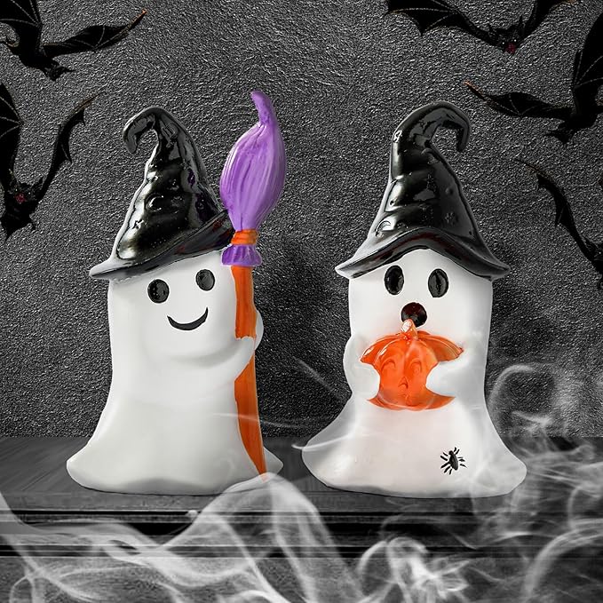 WDS WONDROUS Halloween Decor Ghost Figurines Set of 2 – White Ghosts Decor with Black Witch Hats and Broom&Pumpkin – Resin Cute Ghost Decoration Indoor Table Decor for Shelf Tiered Tray Home