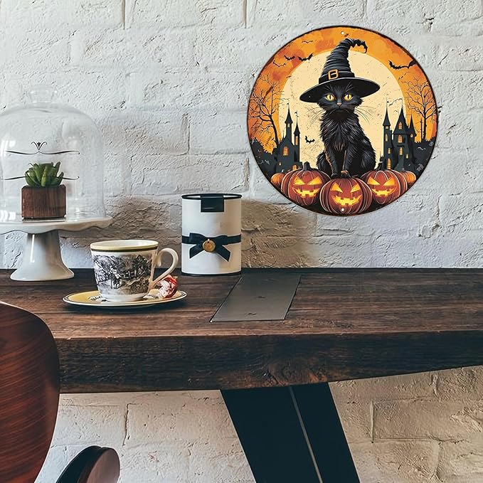 PEACHGARDEN Round Black Cat With Bats On Pumpkin Vintage Sign Halloween Metal Tin Sign for Home Bar Kitchen Hotel Dining Room Coffee 12x12inch