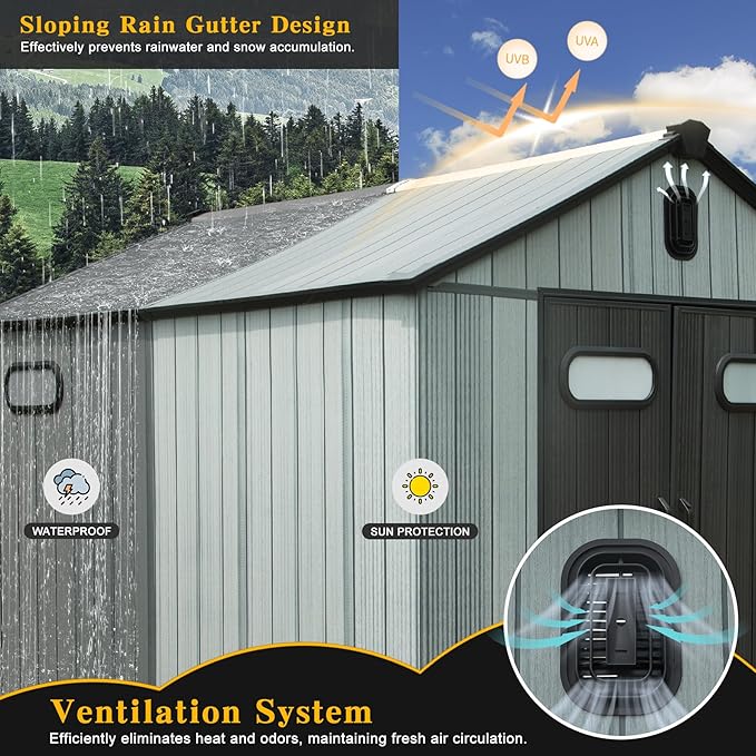 Domi 8x10FT Resin Outdoor Storage Shed with Lockable Door, Waterproof Outside Sheds with Windows & Vents, Heavy-Duty Plastic Tool Storage Shed for Patio Furniture, Lawn Mower, Bike