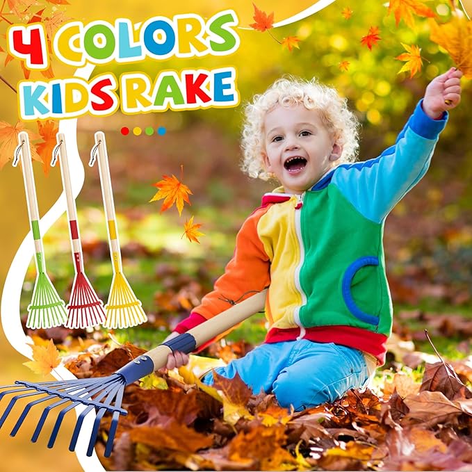 Suclain 8 Pcs Kids Rakes with Hardwood Handle Small Rake Child Size for Gardening Kids Yard Tools Multicolor 28'' Mini Rake for Leaves Lightweight for Children Garden Leaf Tools