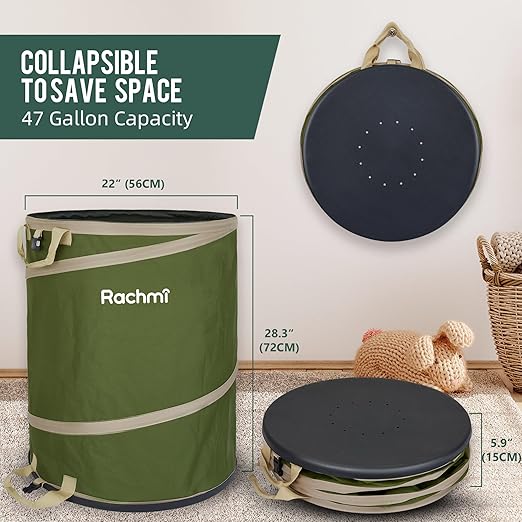 Rachmi 47 Gallon Collapsible Trash Can 2-Pack with Hard Bottom | Extra Large Reusable Yard Leaf Waste Bag Outdoor Pop Up Recycle Bin for Camping, Green