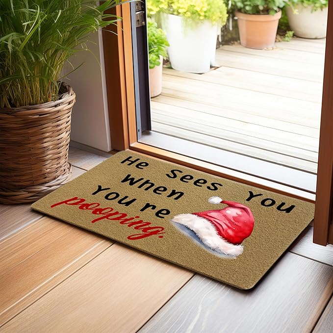 Funny Christmas Bathroom Faux Coir Door Mat, Christmas Bath Mat for Bathroom Entryway, He Sees You When You're Pooping Welcome Doormat for Washroom Restroom Toilet Porch Entrance, 17x30 Inch