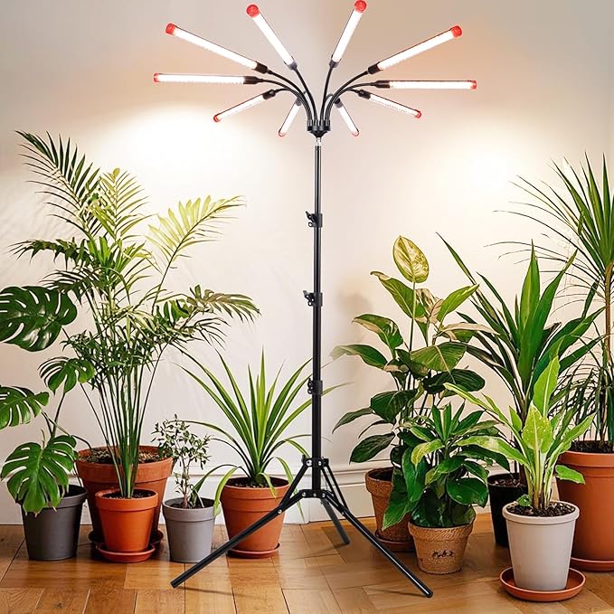 10Head Grow Lights for Indoor Plants, Seed Starting, Vegetables, Bonsai with Tripod Stand and Auto On/Off Timer 4/8/12H, 90W Power Full Spectrum Standing LED Plant Growing Lamps, 360° Gooseneck