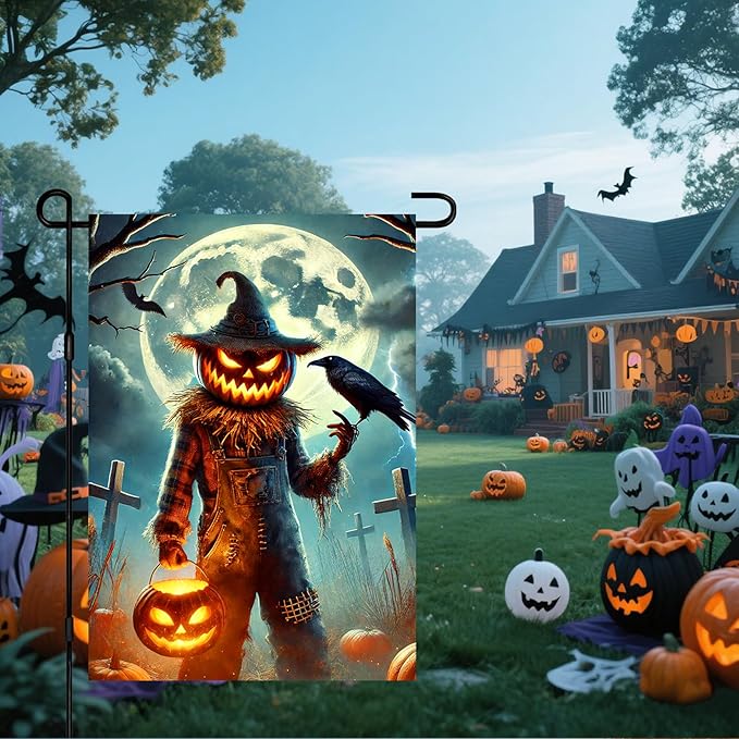 IVN Halloween Garden Flag Spooky Garden Flag 12x18 Inch Scary Jack-o-Lantern Scarecrow Raven Bat Full Moon Spooky Outdoor Decor Double Sided Fall Yard Home Porch Patio Decorations