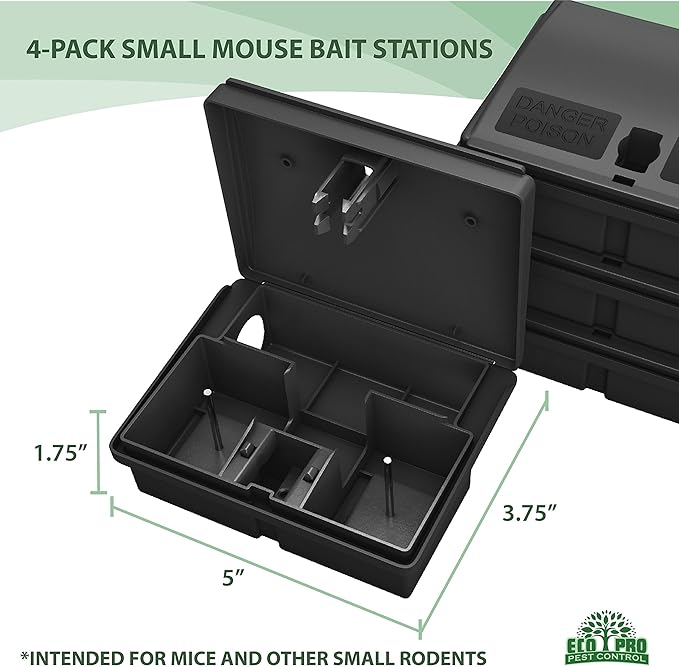 Mouse Bait Station | 4-Pack Indoor & Outdoor Mouse Bait Stations | Bait (Not Included) is Secured by Lock & Key | Pet & Child-Safe Alternative to Mouse Traps | For Mice Only - by Eco Pro Pest Control