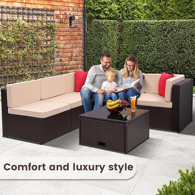 8 Pieces Outdoor Wicker Rattan Patio Furniture Sectional Set, Glass Top Table with Hidden Storage, 7 Sofa Sections, Oversized Cushions, Brown Color Rattan with Beige Cushion