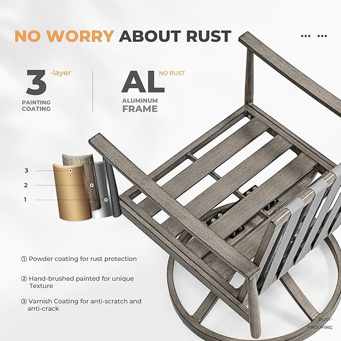 HAPPATIO 5-Piece Outdoor Dining Set for 4, Aluminum Patio Dining Set Includes 1 Large Square Table with Umbrella Hole & 4 Swivel Dining Chairs, Patio Furniture Set for Lawn, Porch, Backyard (Grey)