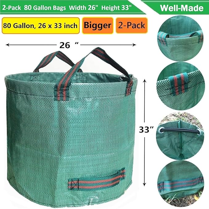 Professional 2-Pack 80 Gallon Large Yard Garden Bags (D26, H33 inch) W/Gardening Gloves for Yard Waste,Leaf Bags,Lawn Debris Bag,Garden Trash Container,Recycle Bin,Grass Clippings,Weeds Bag 4 Handles