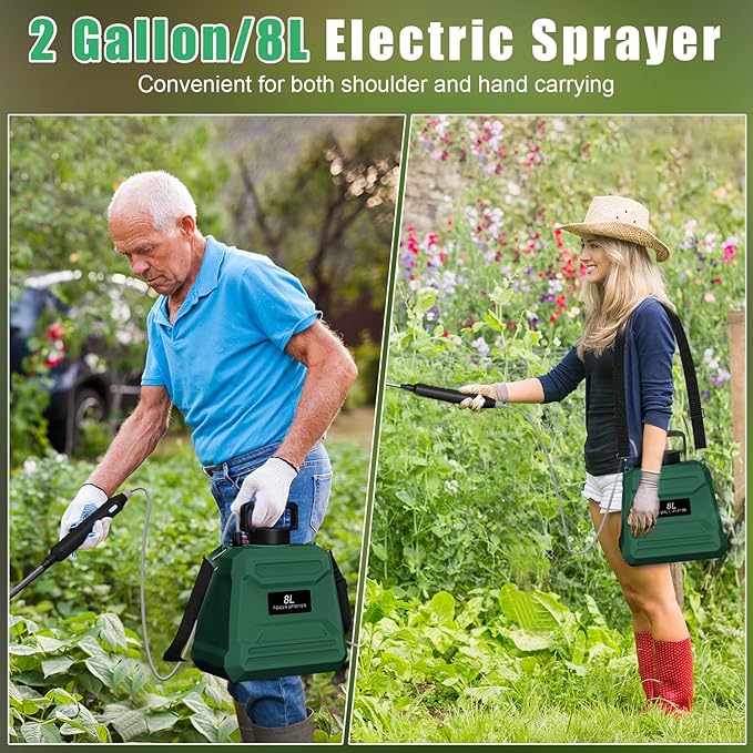Battery Powered Sprayer 2 Gallon, 7.4V Powerful Electric Sprayer with 4 Nozzles, Rechargeable Handle with 36.22'' Retractable Wand, Adjustable Shoulder Strap, Weed Sprayers in Lawn Garden Yard (Green)