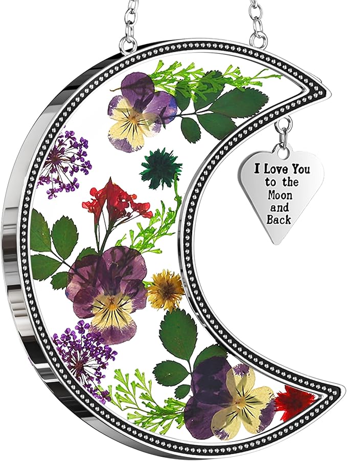 KY&BOSAM Moon Suncatcher I Love You to The Moon and Back Stained Glass for Window Hangings Wind Chime Decor with Pressed Real Flower and Metal Charm Birthday Gift for Women Mom Mother`s Day Christmas