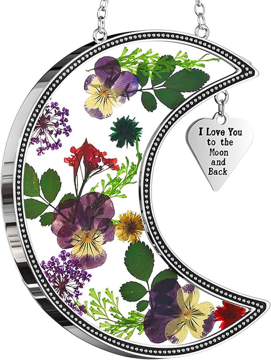 KY&BOSAM Moon Suncatcher I Love You to The Moon and Back Stained Glass for Window Hangings Wind Chime Decor with Pressed Real Flower and Metal Charm Birthday Gift for Women Mom Mother`s Day Christmas