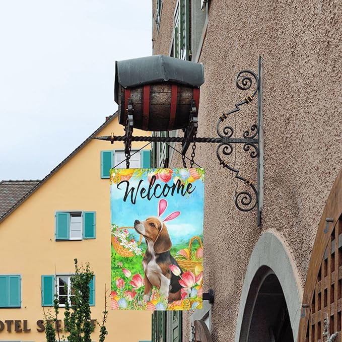 Tulips Cute Beagle Flower Dog Happy Easter Garden Flag Welcome Party Outdoor Outside Decorations Picks Home House Garden Yard Decor 12x18 Inch