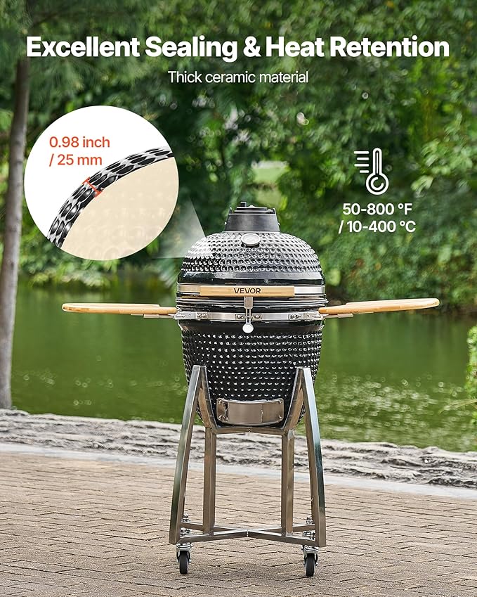 VEVOR Charcoal Smoker and Grill, 18" Kamado Charcoal BBQ Smoker, Movable Ceramic Barbecue Grill with 4 Wheels (2 Lockable), Built-in Thermometer, Air Vents & Side Shelf for Outdoor Patio Yard Cooking
