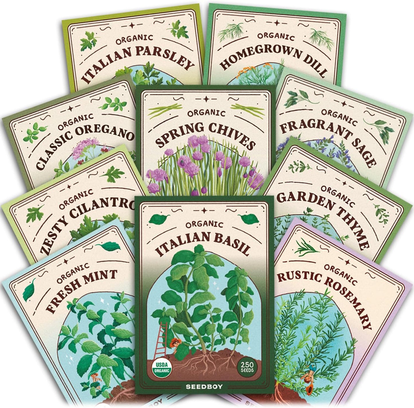 Seedboy Organic 10 Herb Variety Pack: Basil, Cilantro Mint Oregano Parsley Thyme Chives Dill Sage Rosemary for Planting Indoor and Outdoor, 5460 Non-GMO USDA Certified Seeds (10 Herb Variety Pack)