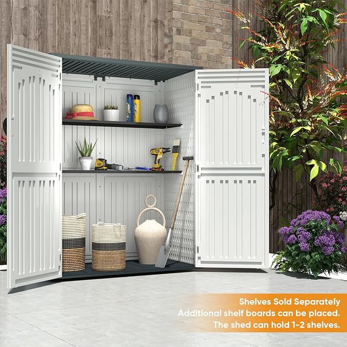 4.5 x 5.7 FT Outdoor Storage Shed, 59 Cuft Outside Waterproof Storage Cabinet, HDPE Resin Plastic 385 Gallon Outdoor Storage Container, Vertical Lockable Storage Shed, Light Grey