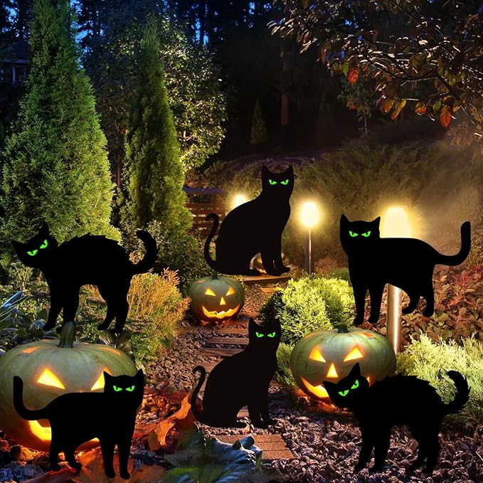 Halloween Decorations Outdoor 6 PCS Black Cat Yard Signs with Stakes Scary Silhouette with Glow in Eyes Waterproof for Yard Lawn Garden Indoor Home Halloween Decor