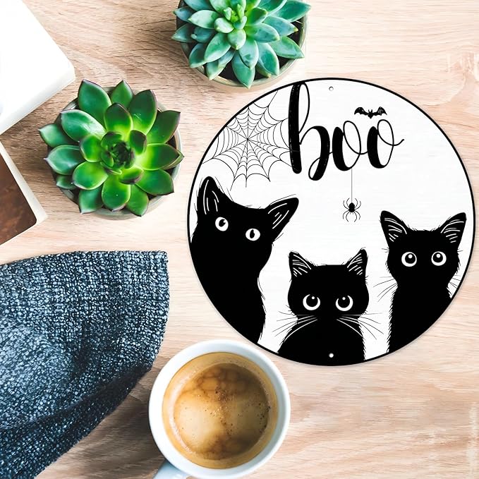 PEACHGARDEN Black Cat Halloween Metal Tin Sign Vintage Gothic Decor Boo Plaque Spooky Wall Art Retro Iron Painting for Home Porch Bar 12x12inch