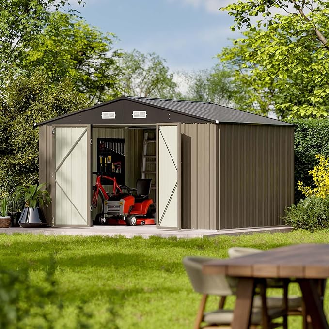 Patiowell 10 x 8 FT Outdoor Storage Shed, Large Garden Tool Metal Shed with Sloping Roof and Double Lockable Door, Outdoor Shed for Backyard Garden Patio Lawn, Brown