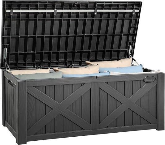 YITAHOME 120 Gallon Large Deck Box with X-Shaped Front, Resin Outdoor Storage Boxes, Waterproof Cushion Storage Bench for Patio, Pool Supplies, Garden Tools - Lockable, Dark Gray