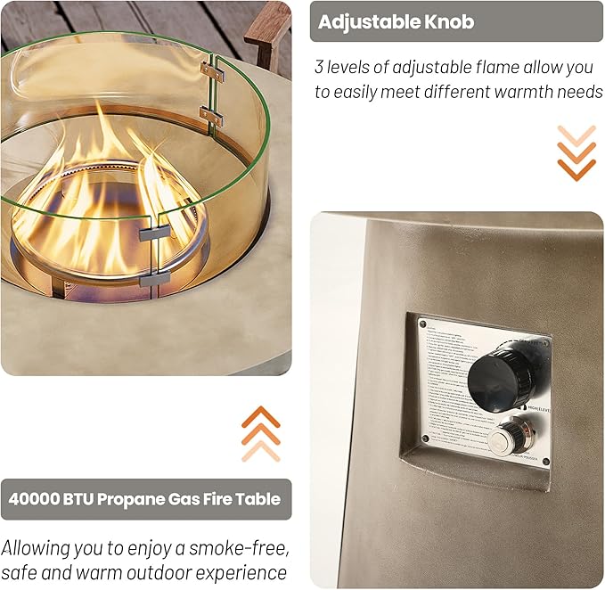 HOMPUS Outdoor Fire Pit Gray Propane Fire Table 31-inch Round Concrete Propane Fire Pit with Lava Rocks and Rain Cover 40,000 BTU Gas Smokeless Fire Pit for Outside Patio,Garden,Deck,Backyard