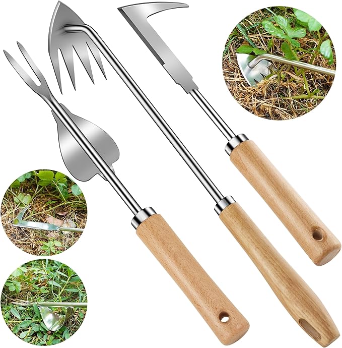 3 Pack Weed Puller Tool, Stainless Steel Crack Weeder Tool, Uprooting Weeding Tool, Paving Brick Moss Removal, L-Shape Gardening Crack Sickle Lawn Edger and Driveway Weeding Tools Gardening