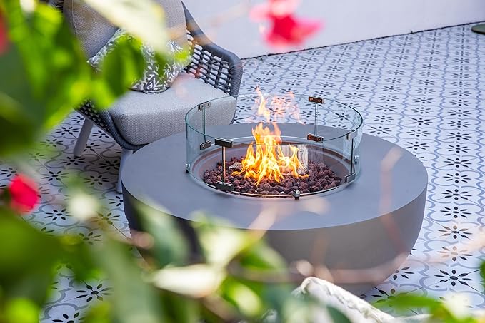 AMS Creations | Eclipse 44" Bundle Round Cast Concrete Propane Gas Fire Pit Bowl Table | Light Gray | Smooth Texture Surface | Electronic Ignition | Outdoor Patio Heater Outside Backyard Fireplace