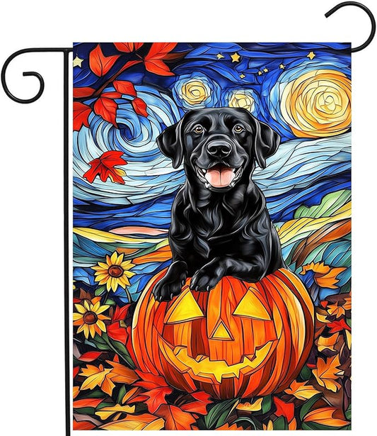 Stained Glass Black Lab Fall Garden Flag Halloween Pumpkin Yard Signs Autumn Sunflower Thanksgiving Banner for Outside 12x18 Double Sided Small Labrador Dog Outdoor Decorative