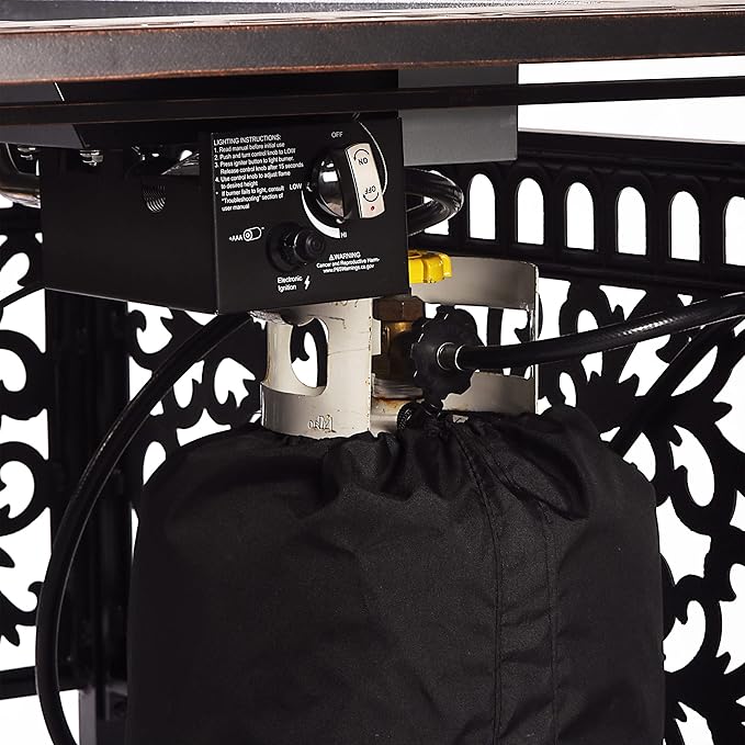 Oakland Living Black Aluminum Patio Fire Table Set with Deep Seating Sofa with Cushion and Two Club Chairs with Light Grey Cushions