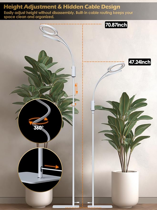 Smart Grow Lights for Indoor Plants,48W 2-Head Plant Light with Auto-Timer, Full Spectrum LED Grow Light, Adjustable Height & Stepless Dimming,Plant Assistant Suitable for Most Plants (White, 48W)