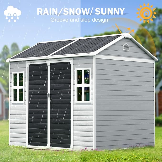 CDCASA 8x6 FT Resin Storage Shed, Waterproof Large Outdoor Sheds with Floor Included & Lockable Door & 2 Windows, Outside Plastic Tool Shed for Backyard, Patio, Poolside, Bike, Dove Grey