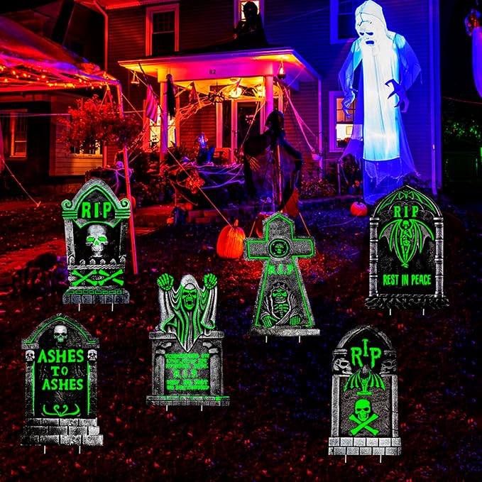 6 Pack Glowing in The Dark Halloween Tombstones Decoration for Graves, 16.5"x10" Large Outdoor Graveyard Decor Waterproof Plastic Grave Markers with 12 Stakes for Yard, Lawn Cemetery Displays