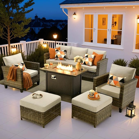 ovios Patio Furniture Set, 6 Pieces Outdoor Wicker Sofa Couch with Fire Pit Table, Ottomans and Comfy Cushions, All Weather High Back Rattan Conversation Set, Grey