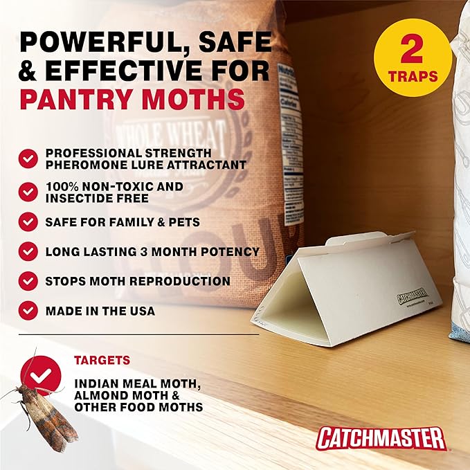 Catchmaster Pantry Pest & Moth Traps 2-Pk, Bug Killer for Kitchen Storage & Pantry Cabinet, Sticky Moth Traps for House, Protect Pet Food, Kitchen Cabinets Storage, Pet Safe Glue Trap