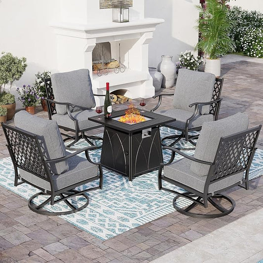 5 Piece Metal Outdoor Patio Furniture Set with Fire Pit Table, Patio Conversation Sets 4 Swivel Chairs with 5.75" Thick Cushion and 5000 BTU Fire Pit Table, Backyard Furniture, Gray