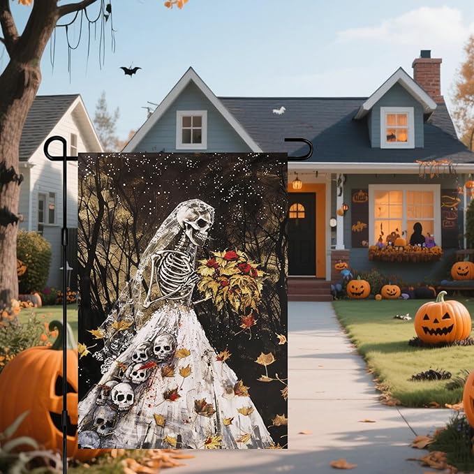IVN Halloween Garden Flag 12x18 Inch Skeleton Bride Skulls Gothic Spooky Haunted Fall Leaves Forest Double Sided Outdoor Decor Welcome Flag for Yard Home Porch Patio Decorations