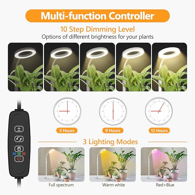 Desk Top Grow Lights for Indoor Plants,Full Spectrum Table Plant Light,24.2" Telescope Stand,UV LED Red Blue Halo Growing Lamp,Adjustable Gooseneck,Auto Timer,3 Lighting Modes,10-Level Dimmable