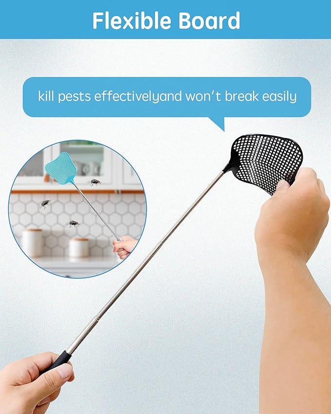 Fly Swatter Heavy Duty Set, with Durable Telescopic Stainless Steel Extendable Handles, for Home, Classroom and Office, 2Pcs, 2 Colors