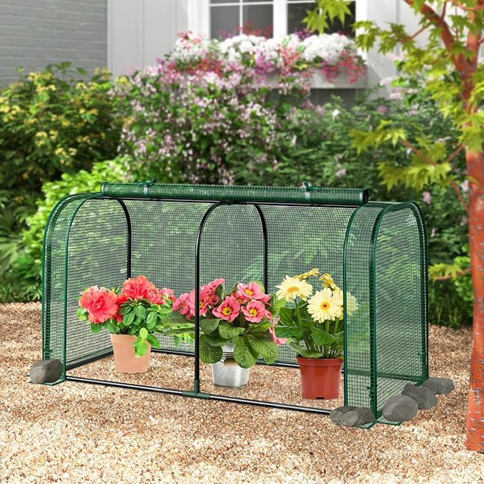 Happygrill Portable Mini Greenhouse, 47" x 22" x 24" Green House w/ Roll-up Zipper Door, Metal Frame, Waterproof Sun-Protective PE Cover, Small Greenhouses for Raised Garden Bed, Outdoor (Green)