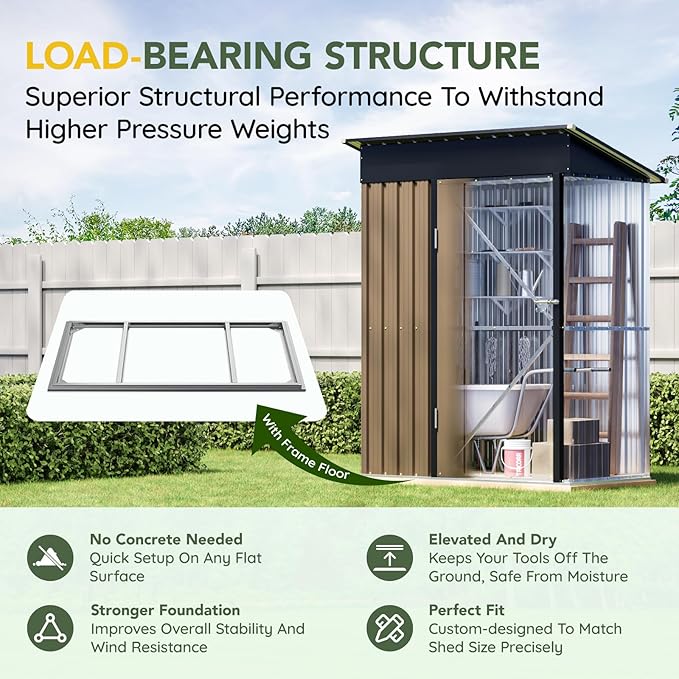 5x3FT Outdoor Steel Storage Shed with Floor Frame, Lockable Doors, Compact Metal Tool Shed for Garden, Backyard, Patio, Utility, and Bike Storage,Brown