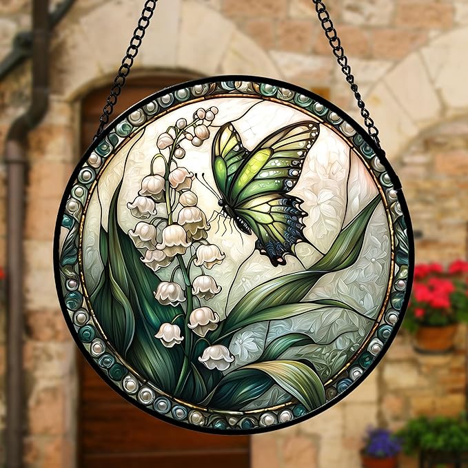 Stained Glass Window Hanging, Lily of The Valley Flower Butterfly Suncatcher for Doors Home Sun Catchers Decoration and Christmas, Mother's Day Birthday Gifts for Women, Men, Mom 6.3 in