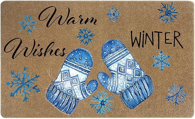 Winter Christmas Faux Coir Door Mats Outdoor, Winter Gloves Snowflake Door Mat for Home Outside Entryway, Warm Wishes Christmas Welcome Doormat for Indoor Outdoor Porch Entrance, 17x30 Inch