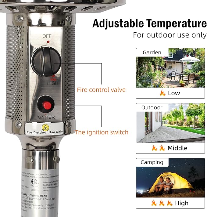 Outdoor Patio Heater, Stainless Steel Propane Heater w/Wheels, Shelf Tabletop, Auto Shut Off Protection, 36000 BTU Tall Standing Gas Heater for Outdoor Use