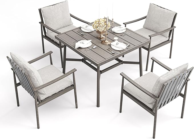 HAPPATIO 5-Piece Outdoor Dining Set for 4, Aluminum Patio Dining Set Includes 1 Large Square Table with Umbrella Hole and 4 Dining Chairs, Patio Furniture Set for Lawn, Porch, or Backyard (Grey)